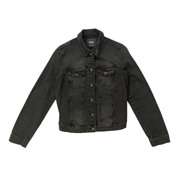 Zara Trafaluc Women's Black Cropped Denim‎ Jacket Stretch Button Front Pockets L - Picture 1 of 7